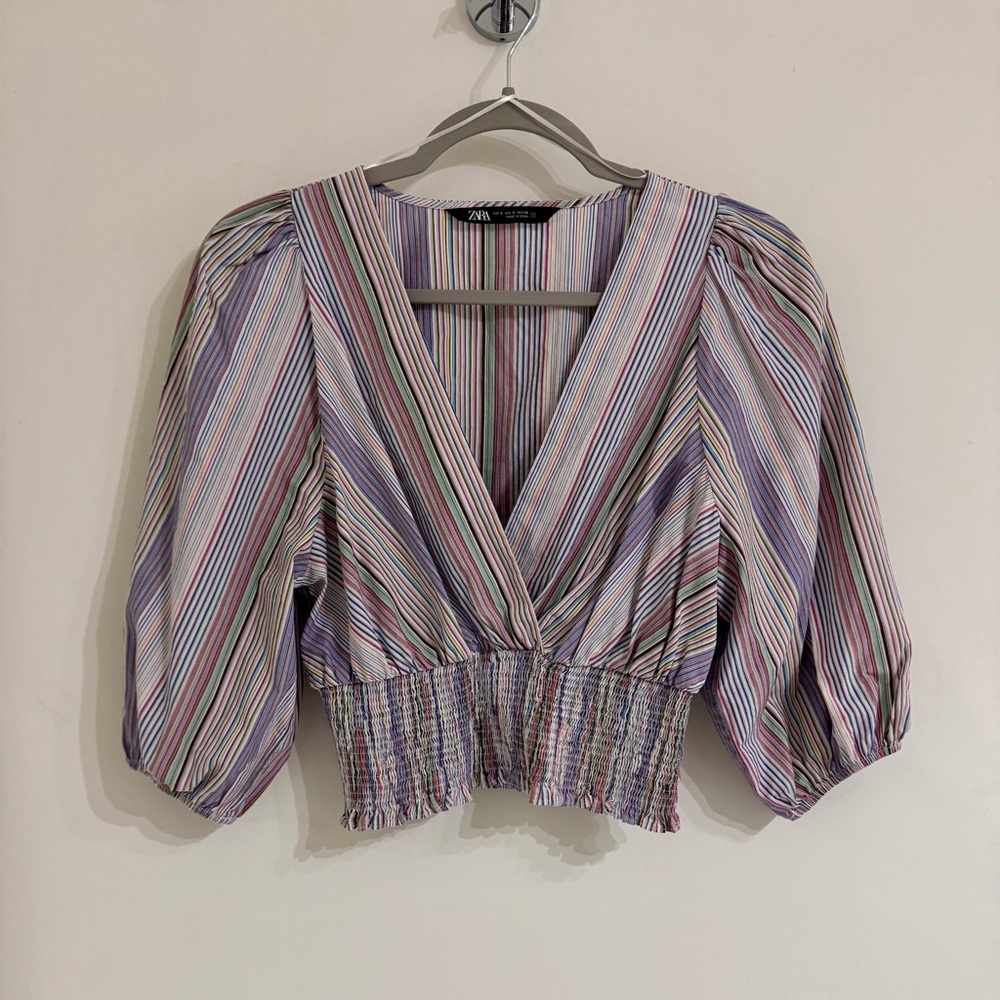 Zara Multi-color Stripes Puff Sleeve Smocked Crop Blouse